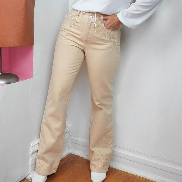 Vintage 90s/Y2K Ralph Lauren Light Tan Lace Trim Jeans - Picture 1 of 13
